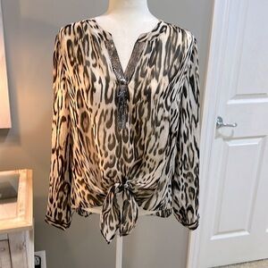 CHICO’s High Low Tie Front Sequin Cheetah Print Blouse - 2